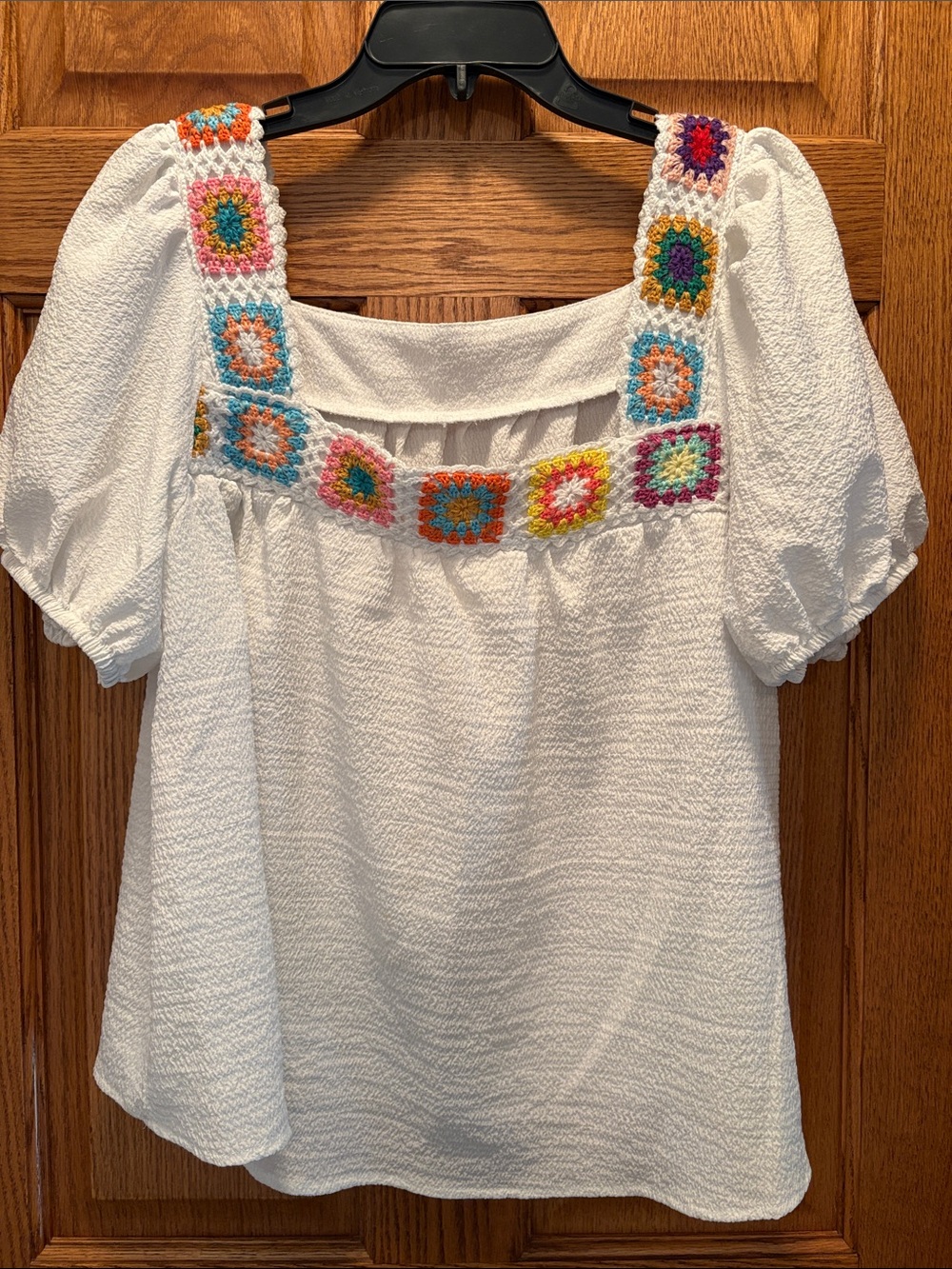 SHEIN White Square-Neck Top with Colorful Crochet Accents